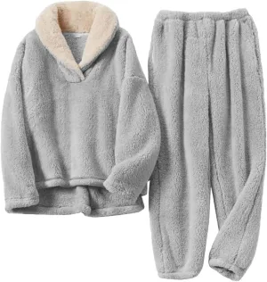 Womens 2 Piece Fluffy Pajama Lounge Set Loose Pullover Pants Sleepwear with Pockets