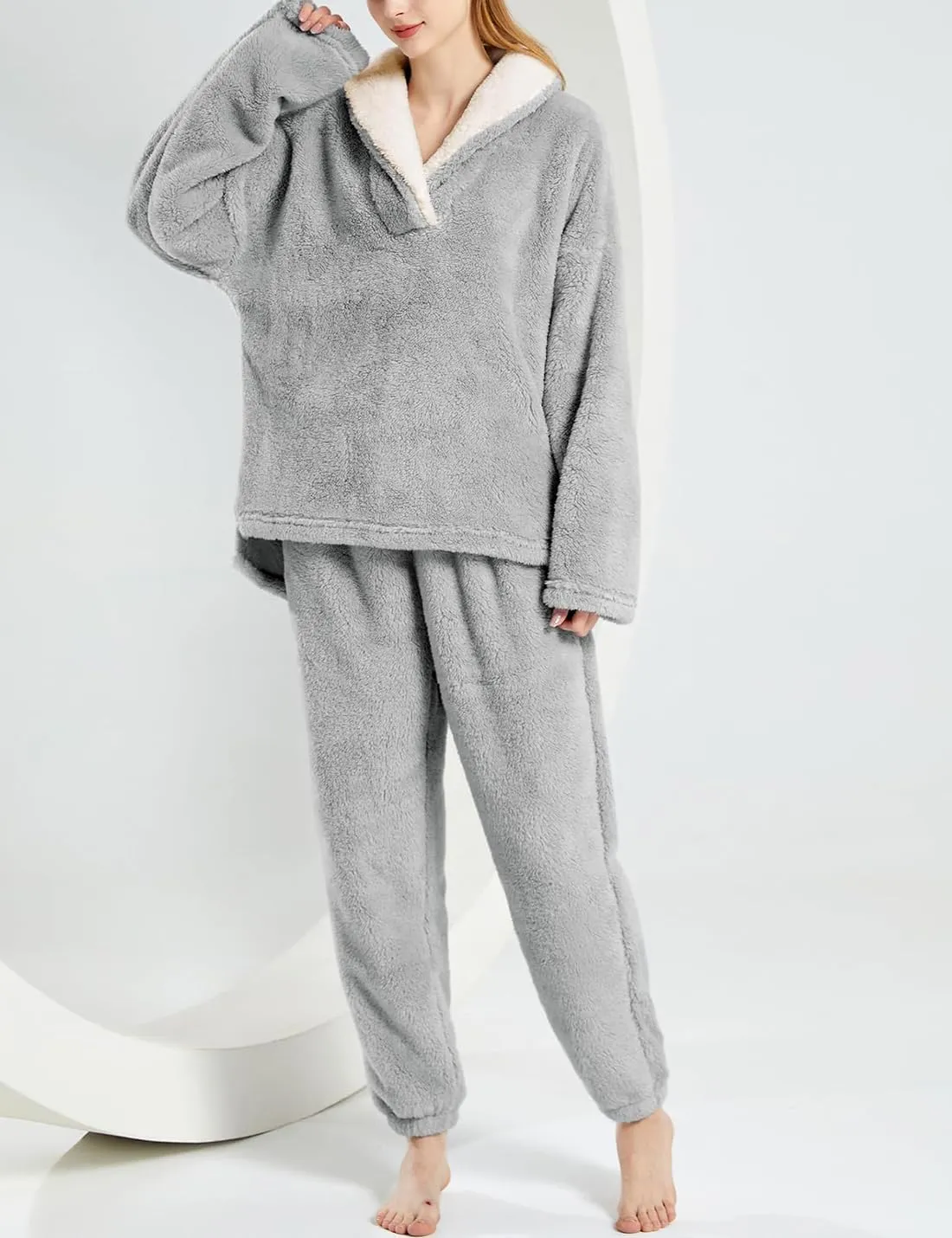 Womens 2 Piece Fluffy Pajama Lounge Set Loose Pullover Pants Sleepwear with Pockets