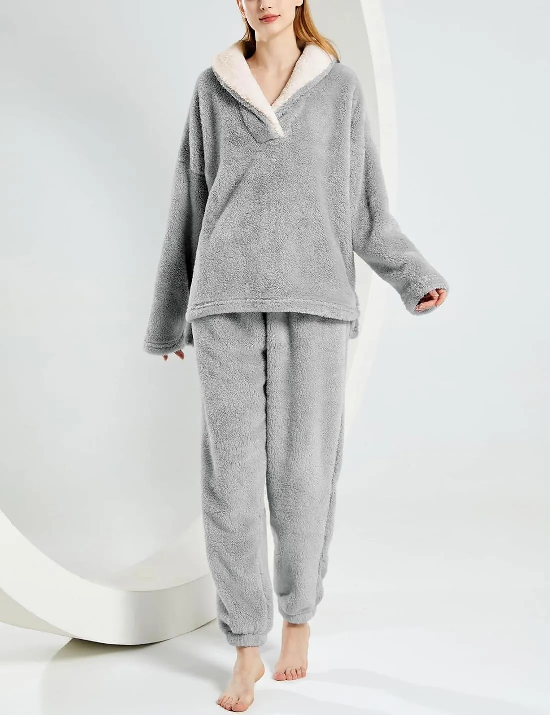 Womens 2 Piece Fluffy Pajama Lounge Set Loose Pullover Pants Sleepwear with Pockets