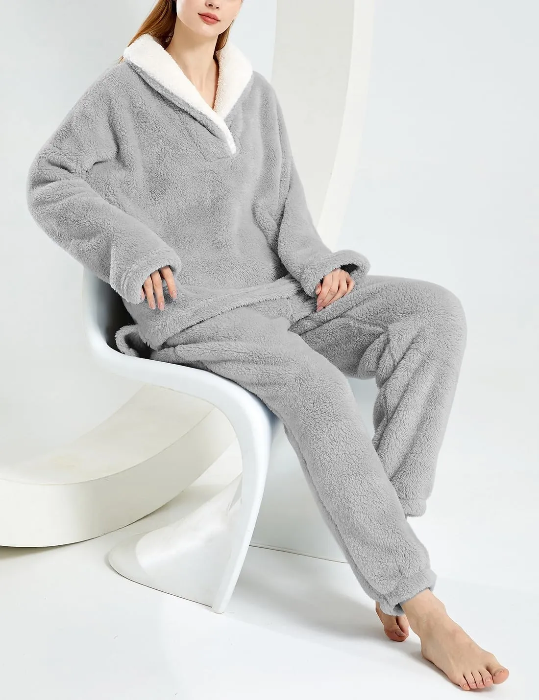 Womens 2 Piece Fluffy Pajama Lounge Set Loose Pullover Pants Sleepwear with Pockets
