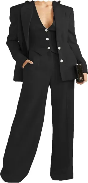 Women's 3 Piece Outfits Jacket Vest Wide Leg Pants Business Office Suit Set