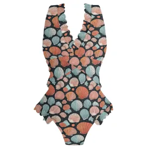 Womens Big Shells Ruffle Edge Cross-Front One Piece Swimsuit Bathing Suit