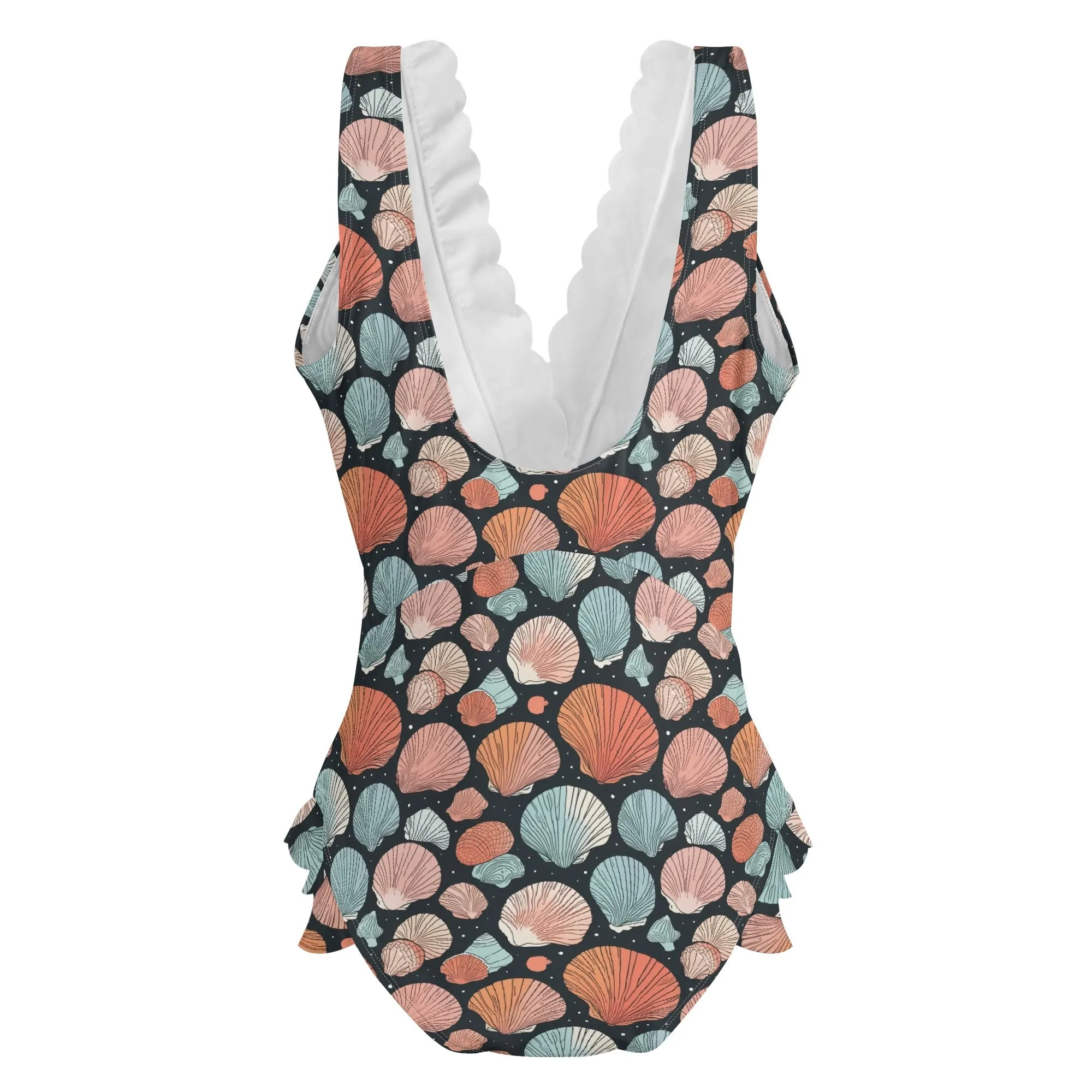 Womens Big Shells Ruffle Edge Cross-Front One Piece Swimsuit Bathing Suit