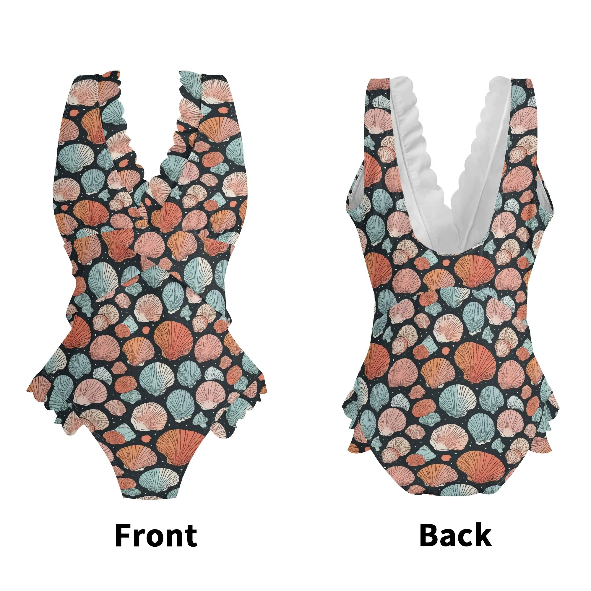Womens Big Shells Ruffle Edge Cross-Front One Piece Swimsuit Bathing Suit