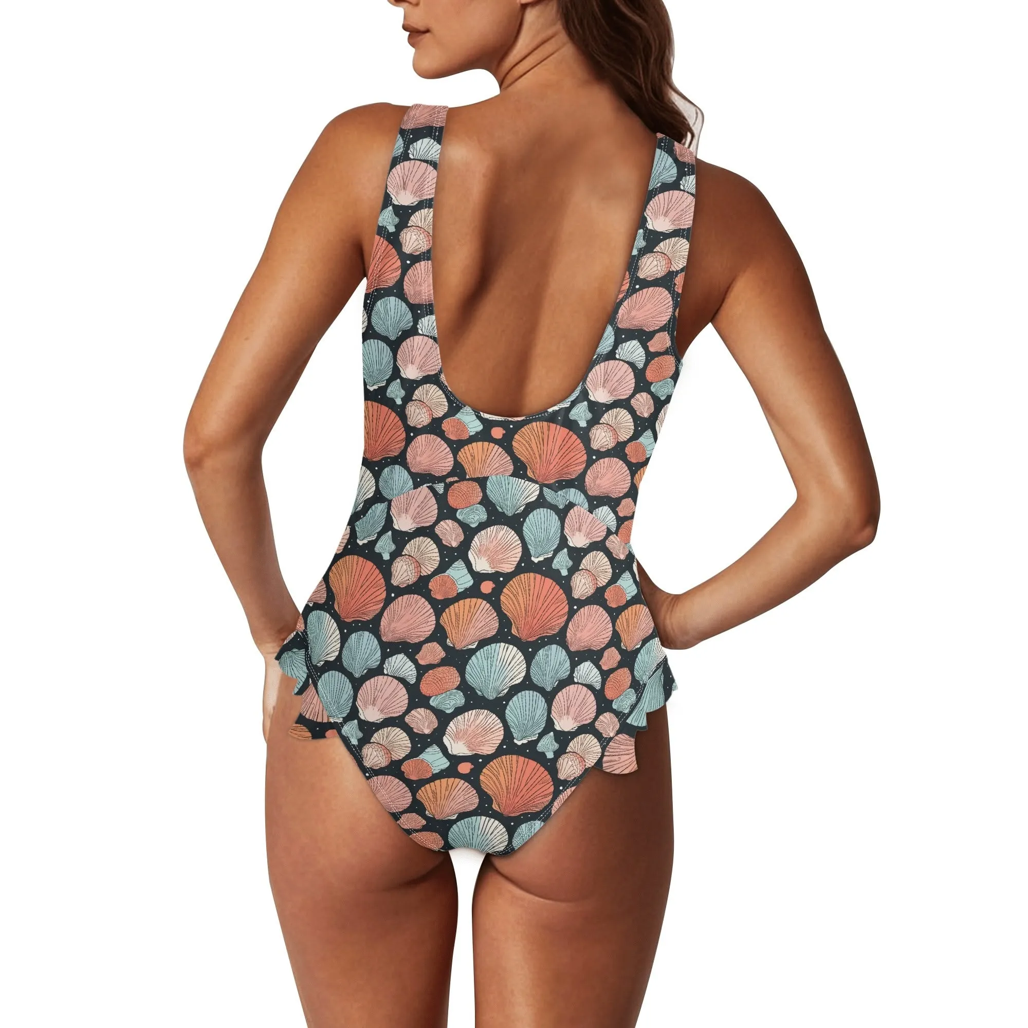 Womens Big Shells Ruffle Edge Cross-Front One Piece Swimsuit Bathing Suit