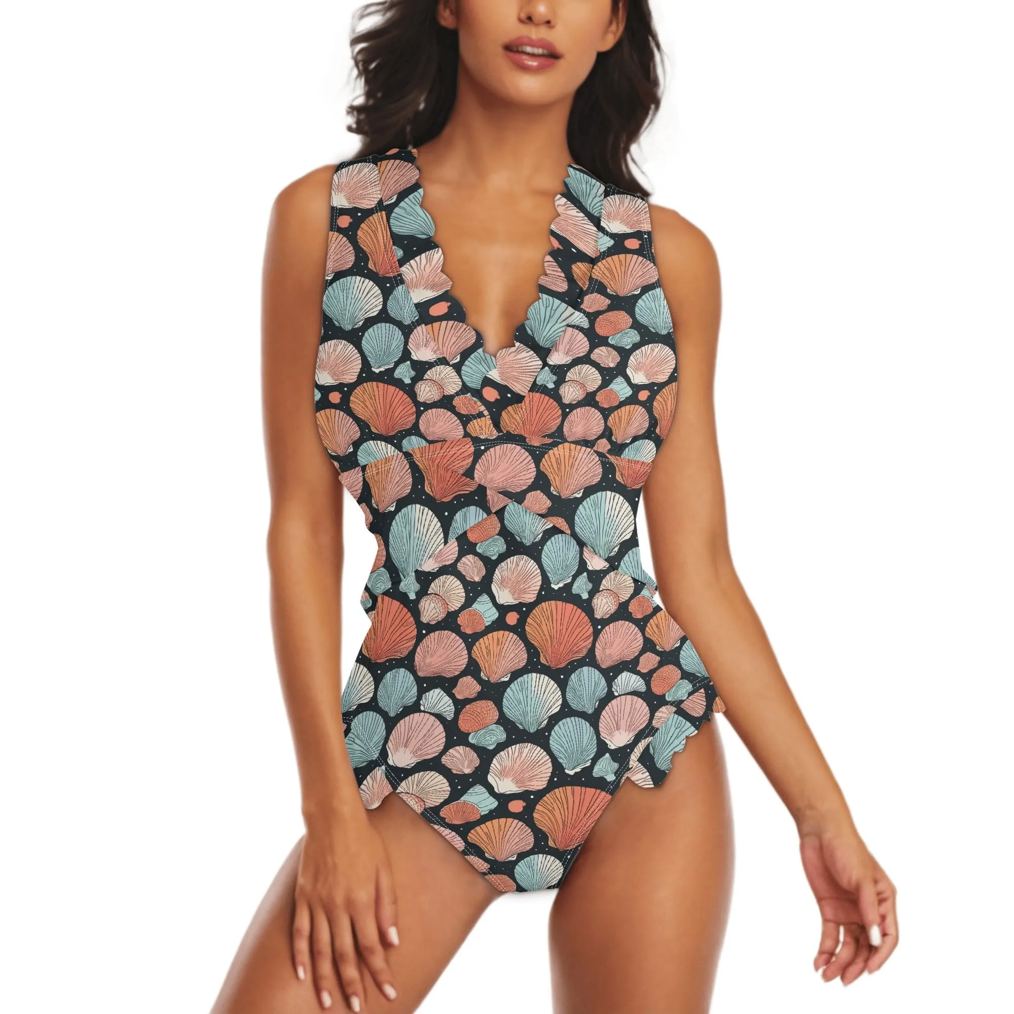 Womens Big Shells Ruffle Edge Cross-Front One Piece Swimsuit Bathing Suit