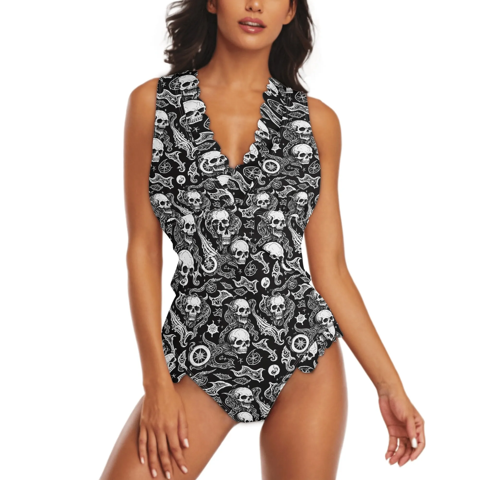 Womens Flying Skulls Ruffle Edge Cross-Front One Piece Swimsuit Bathing Suit