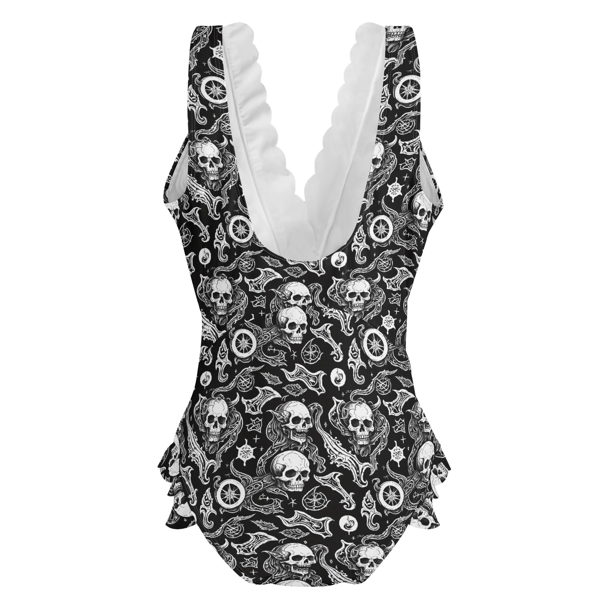 Womens Flying Skulls Ruffle Edge Cross-Front One Piece Swimsuit Bathing Suit
