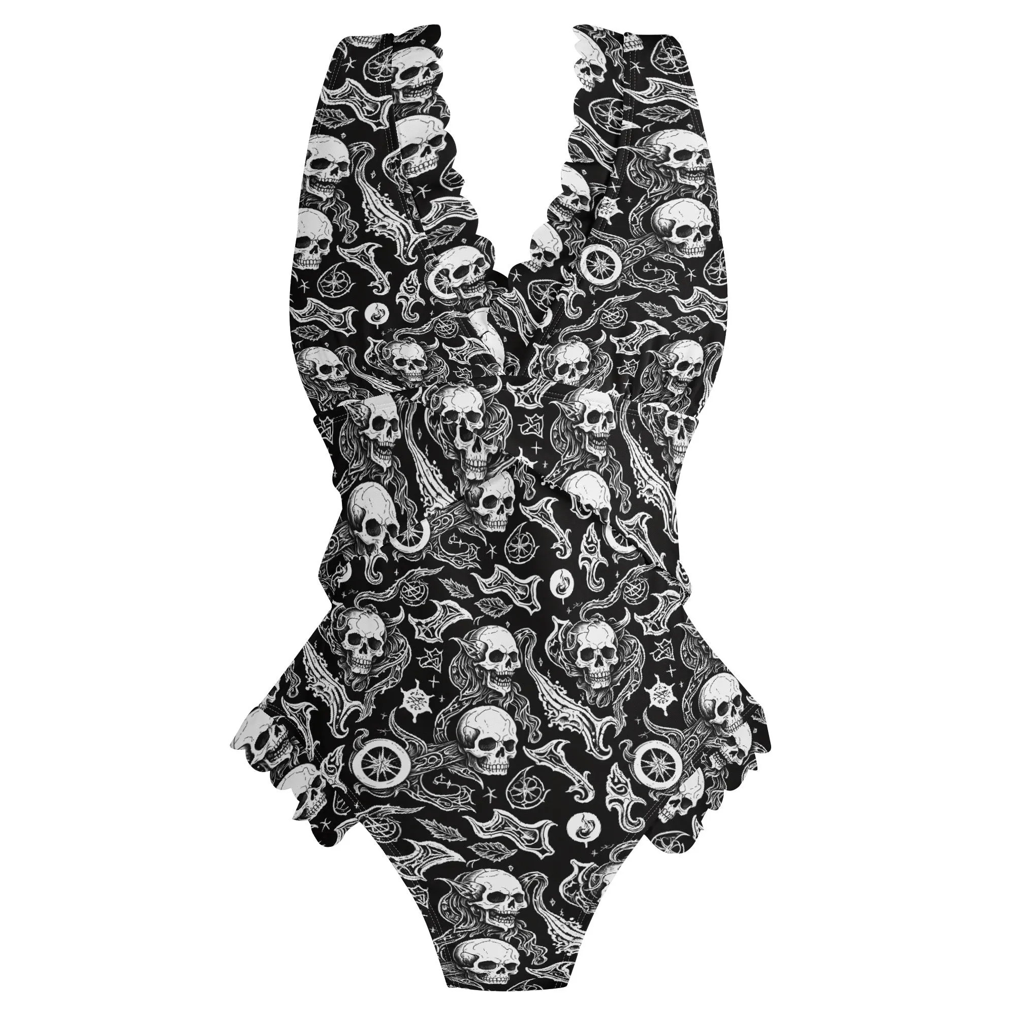 Womens Flying Skulls Ruffle Edge Cross-Front One Piece Swimsuit Bathing Suit