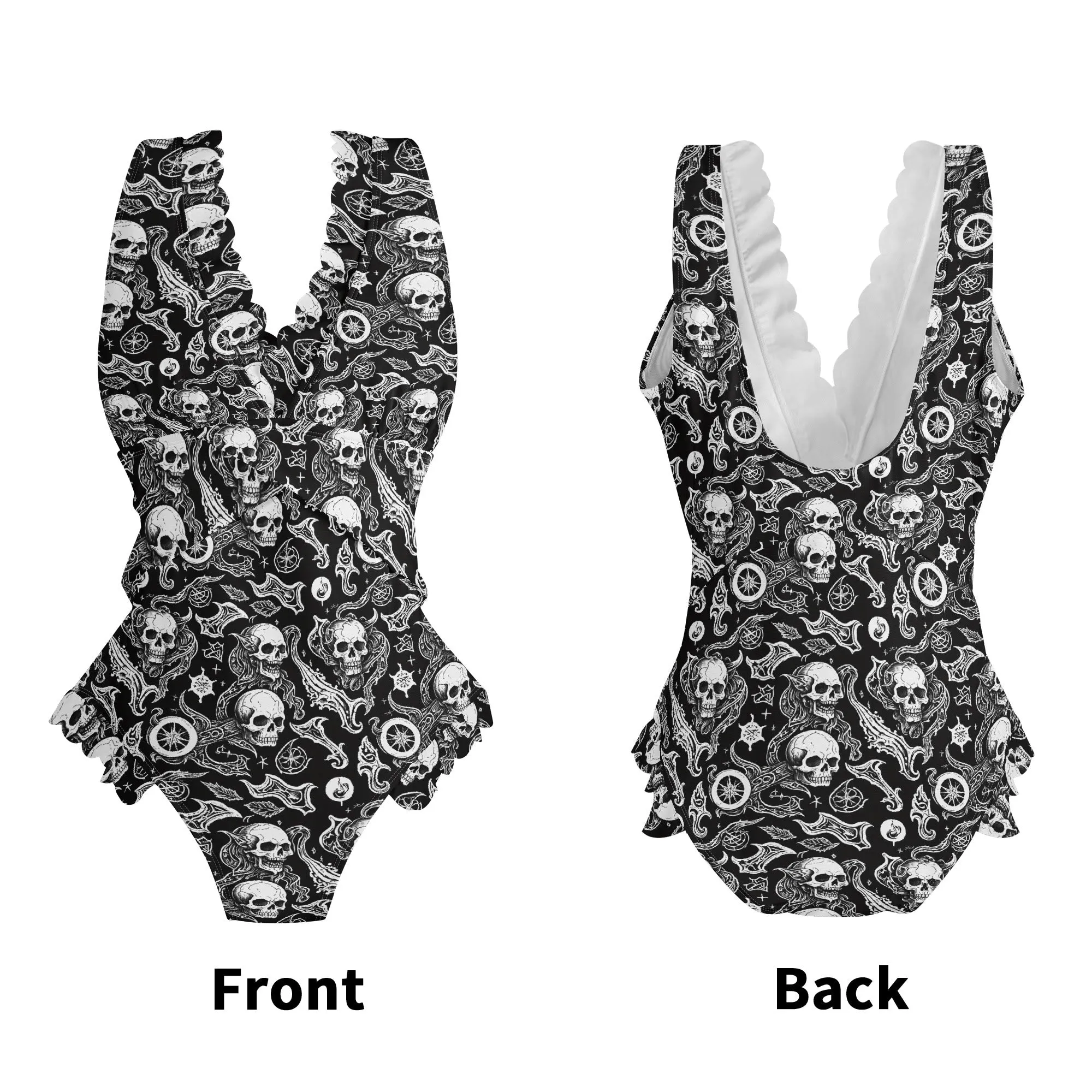 Womens Flying Skulls Ruffle Edge Cross-Front One Piece Swimsuit Bathing Suit