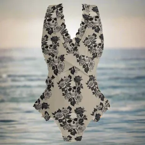 Womens Gothic Tan Ruffle Edge Cross-Front One Piece Swimsuit Bathing Suit