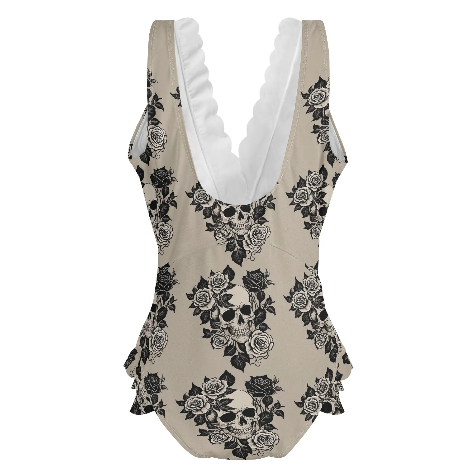 Womens Gothic Tan Ruffle Edge Cross-Front One Piece Swimsuit Bathing Suit