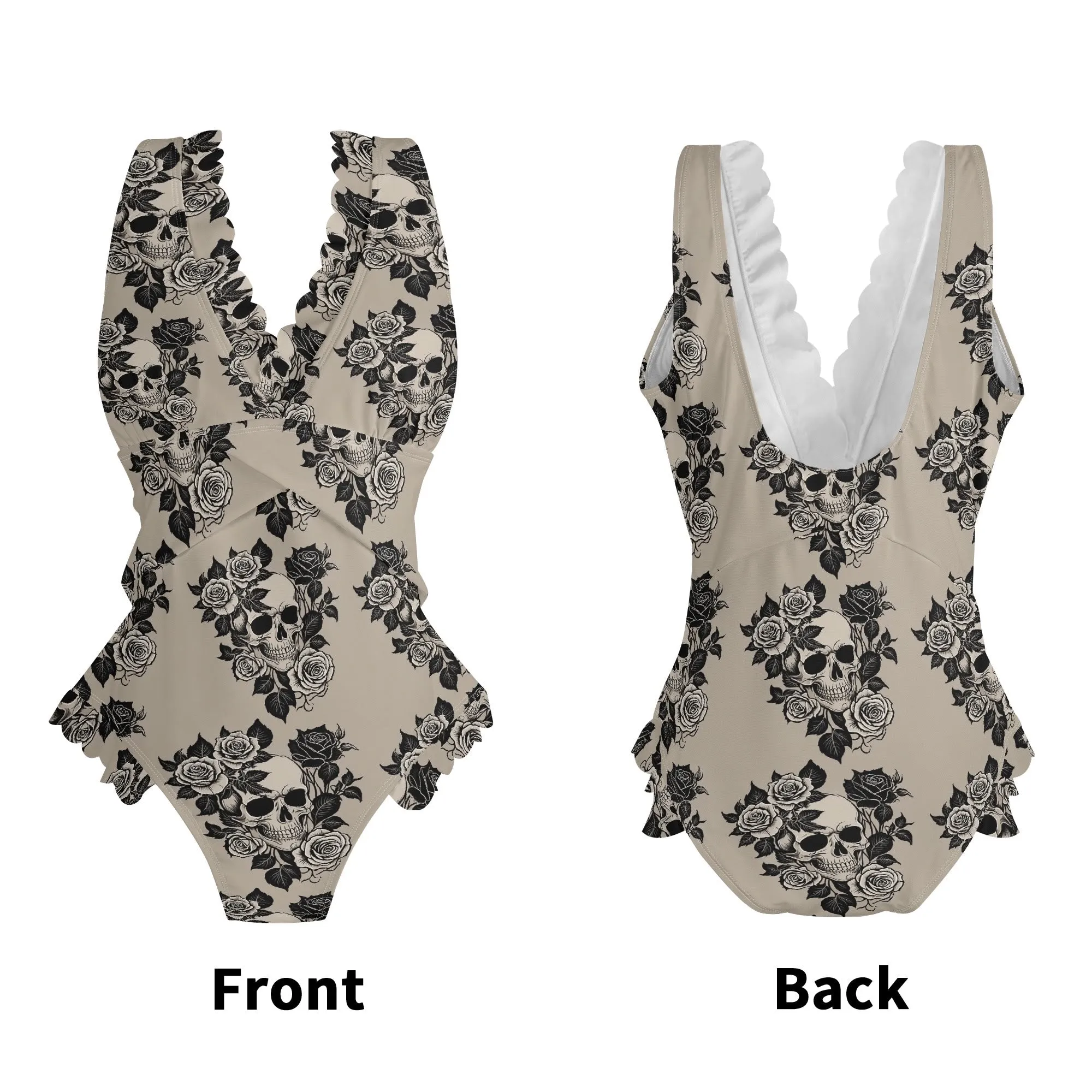 Womens Gothic Tan Ruffle Edge Cross-Front One Piece Swimsuit Bathing Suit