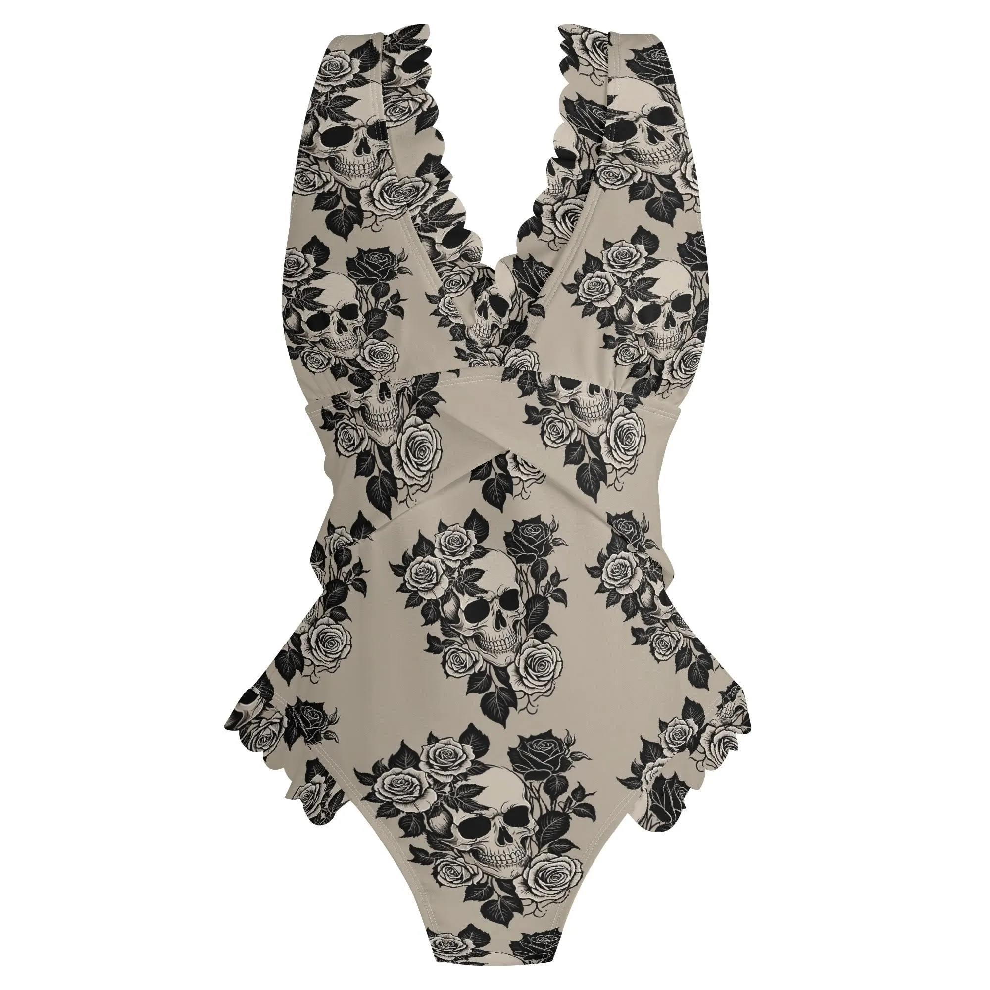 Womens Gothic Tan Ruffle Edge Cross-Front One Piece Swimsuit Bathing Suit