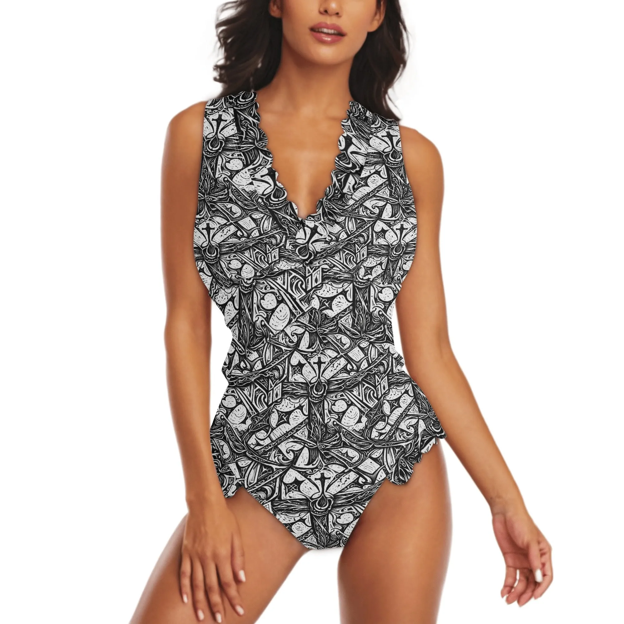 Womens Hidden Cross Ruffle Edge Cross-Front One Piece Swimsuit Bathing Suit