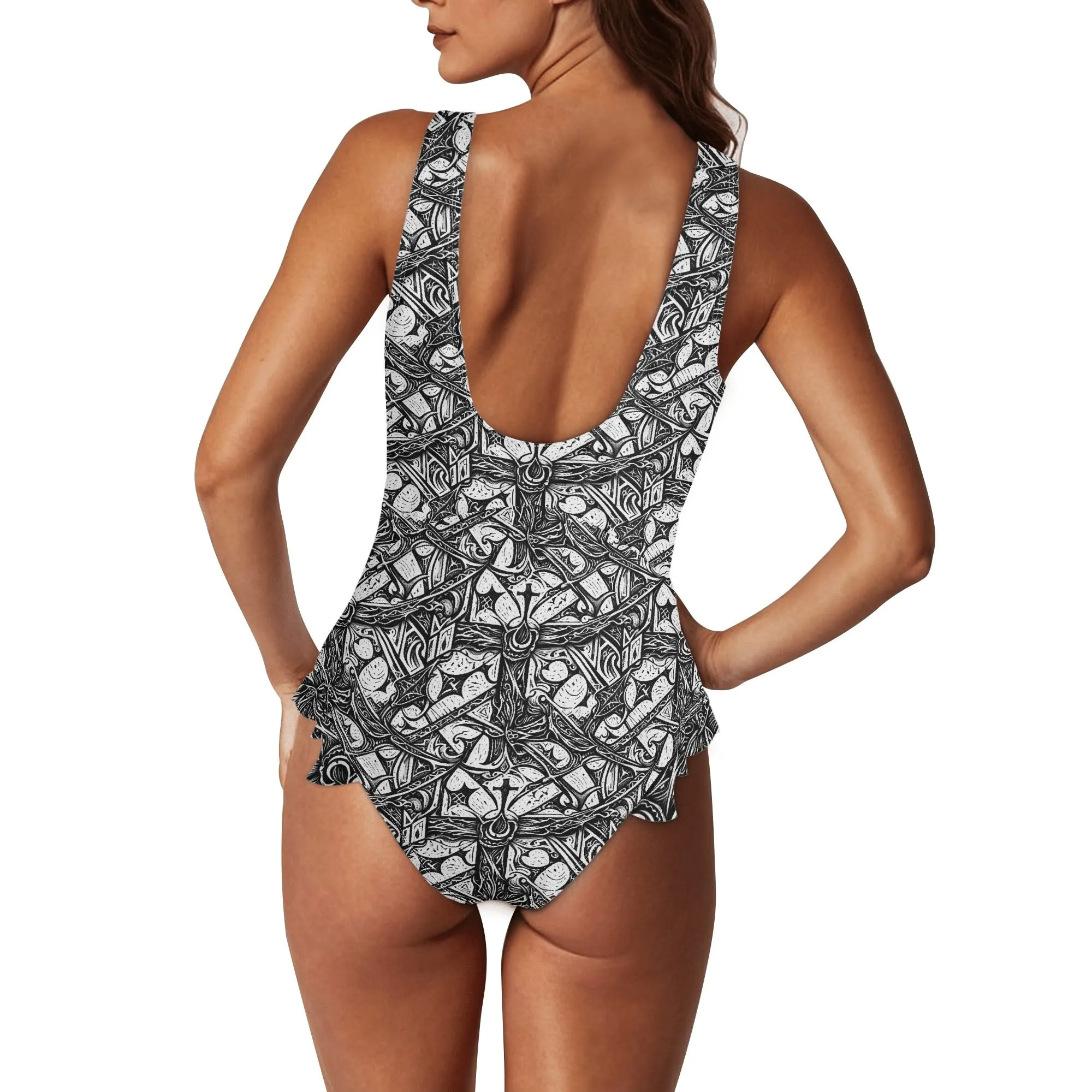 Womens Hidden Cross Ruffle Edge Cross-Front One Piece Swimsuit Bathing Suit