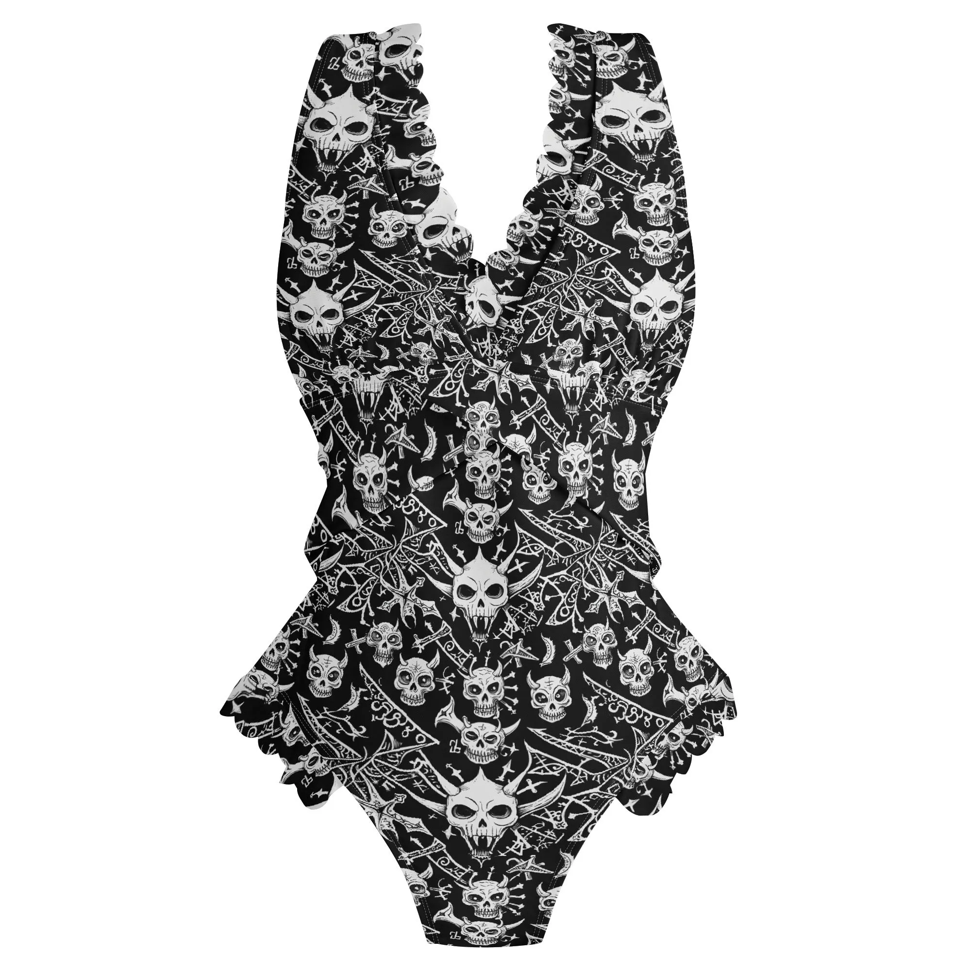 Womens Little Devils Ruffle Edge Cross-Front One Piece Swimsuit Bathing Suit