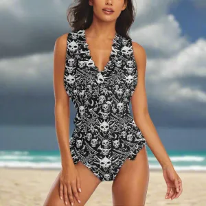 Womens Little Devils Ruffle Edge Cross-Front One Piece Swimsuit Bathing Suit