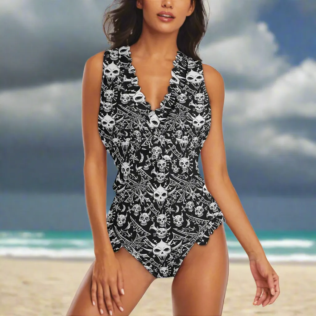 Womens Little Devils Ruffle Edge Cross-Front One Piece Swimsuit Bathing Suit