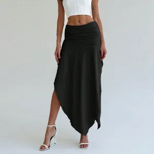 Womens Midi Skirt  Satin Feel  Ruched Waist  Asymmetrical Hem  Draped Fit