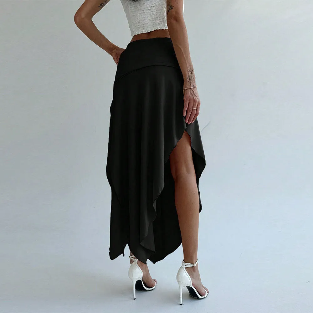 Womens Midi Skirt  Satin Feel  Ruched Waist  Asymmetrical Hem  Draped Fit