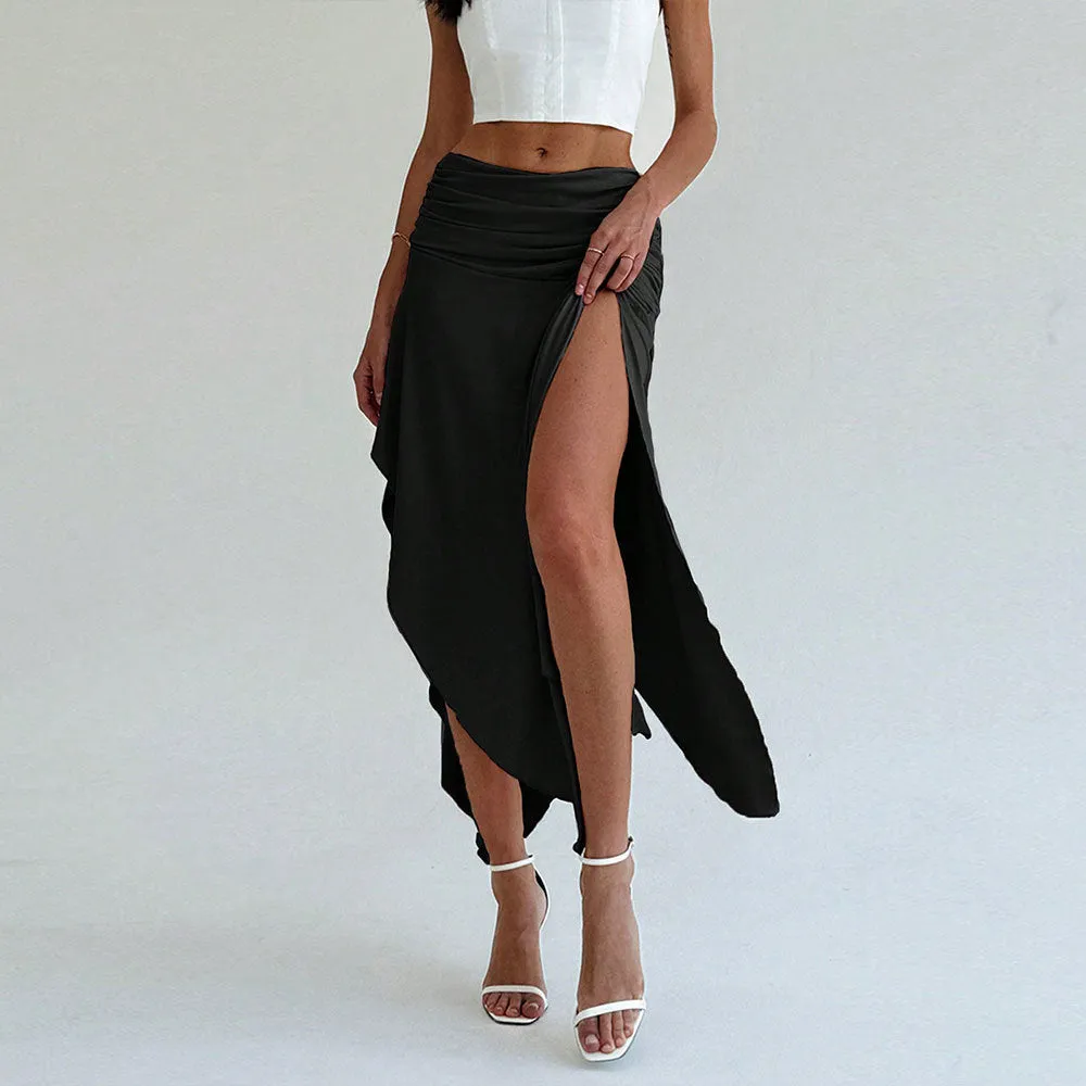 Womens Midi Skirt  Satin Feel  Ruched Waist  Asymmetrical Hem  Draped Fit