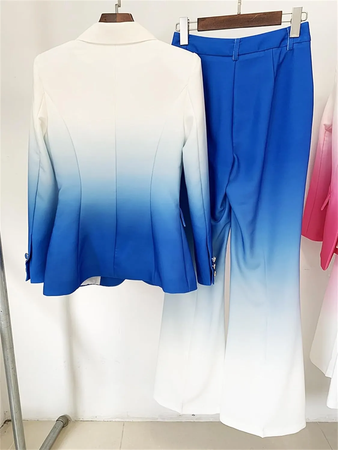 Women's Pant Suit Set Designer Gradient Color 2pcs Business Blazer Flare Pants Wedding Party Outfit
