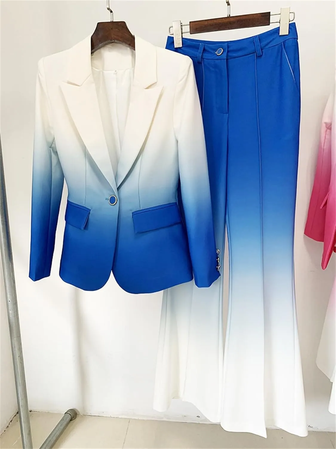 Women's Pant Suit Set Designer Gradient Color 2pcs Business Blazer Flare Pants Wedding Party Outfit