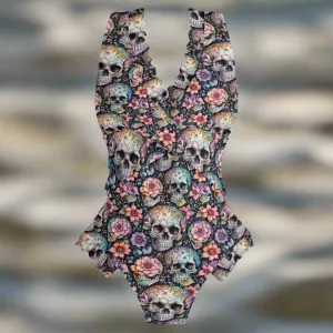 Womens Pastel Floral and Skulls Ruffle Edge Cross-Front One Piece Swimsuit Bathing Suit
