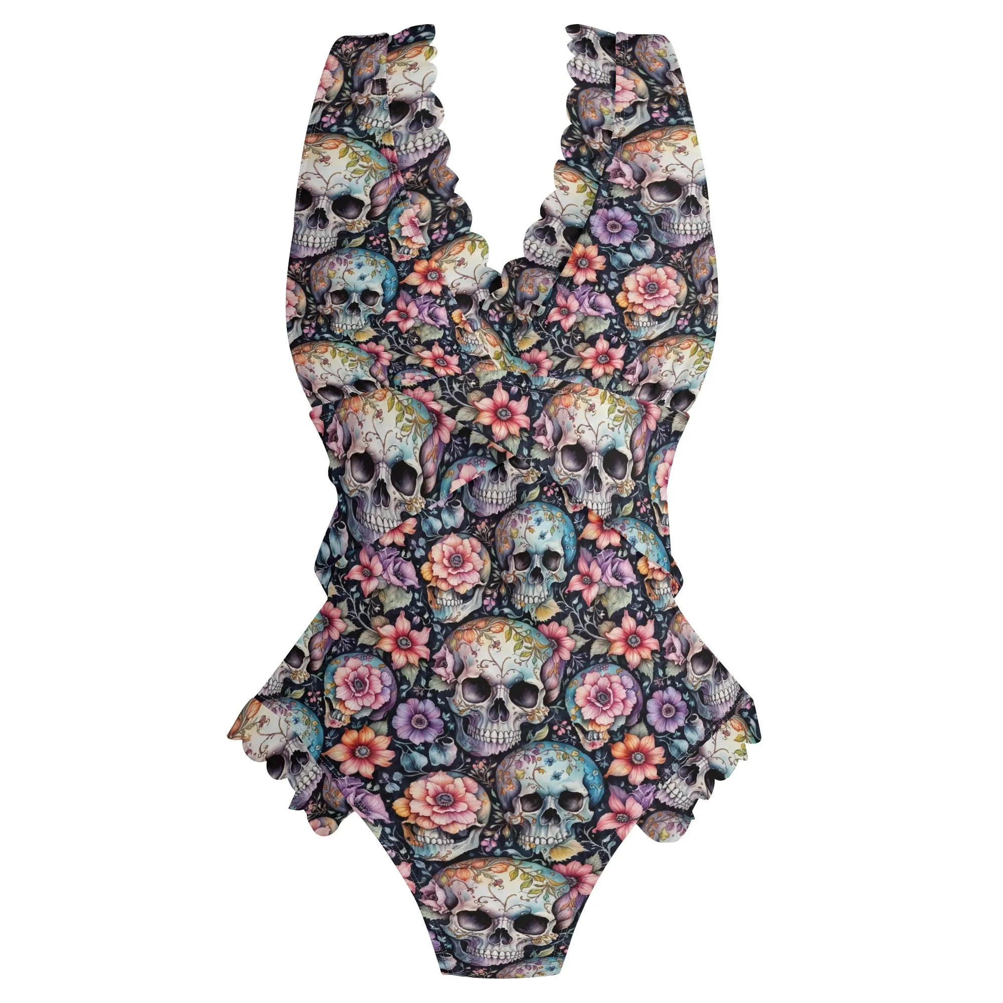Womens Pastel Floral and Skulls Ruffle Edge Cross-Front One Piece Swimsuit Bathing Suit