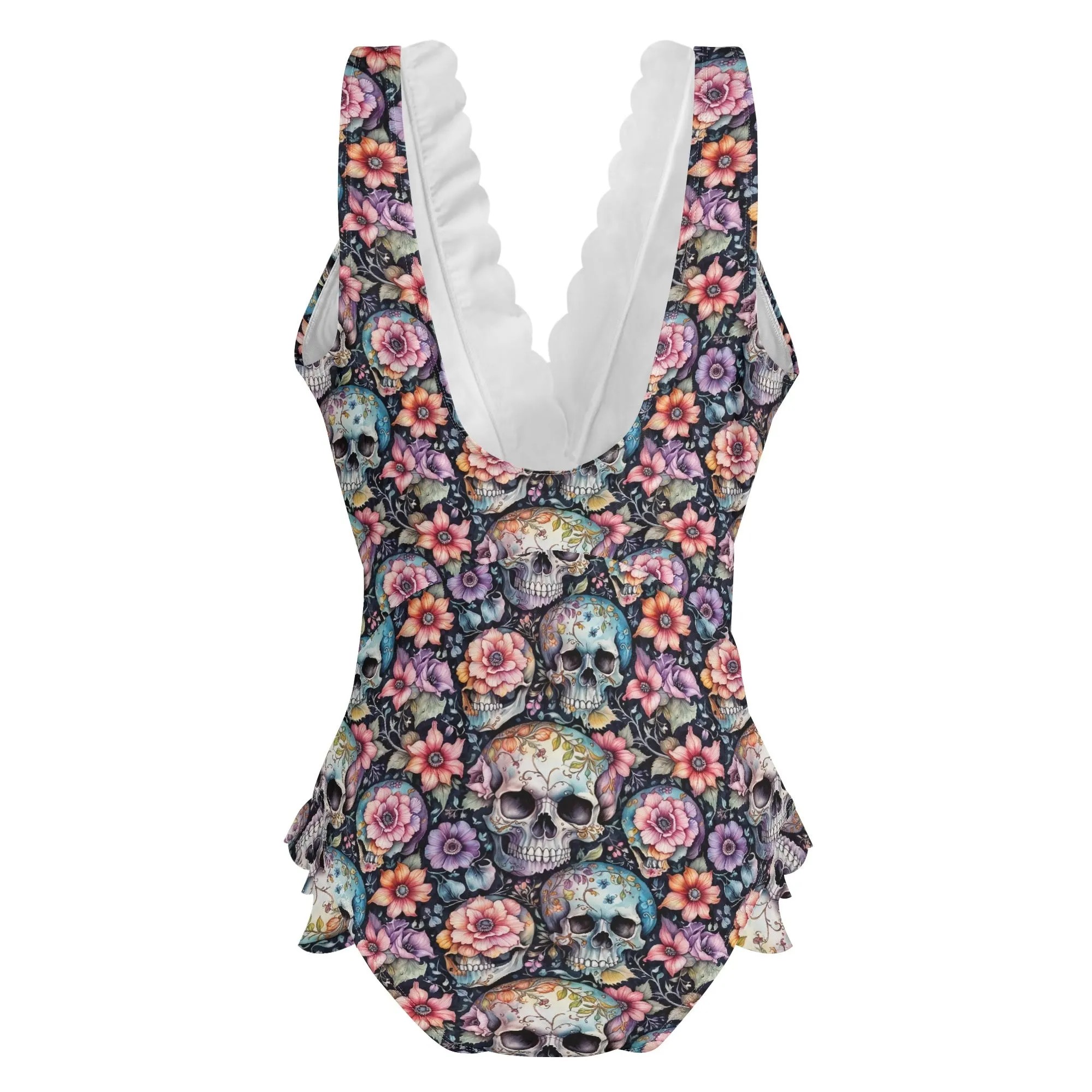 Womens Pastel Floral and Skulls Ruffle Edge Cross-Front One Piece Swimsuit Bathing Suit