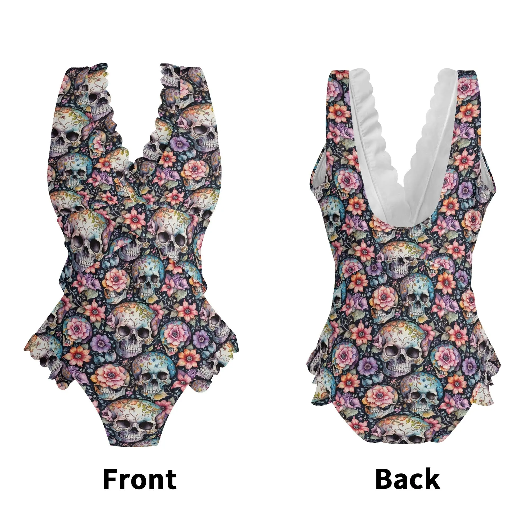 Womens Pastel Floral and Skulls Ruffle Edge Cross-Front One Piece Swimsuit Bathing Suit