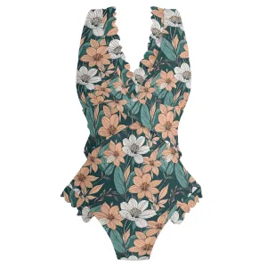 Womens pastel Floral Ruffle Edge Cross-Front One Piece Swimsuit Bathing Suit