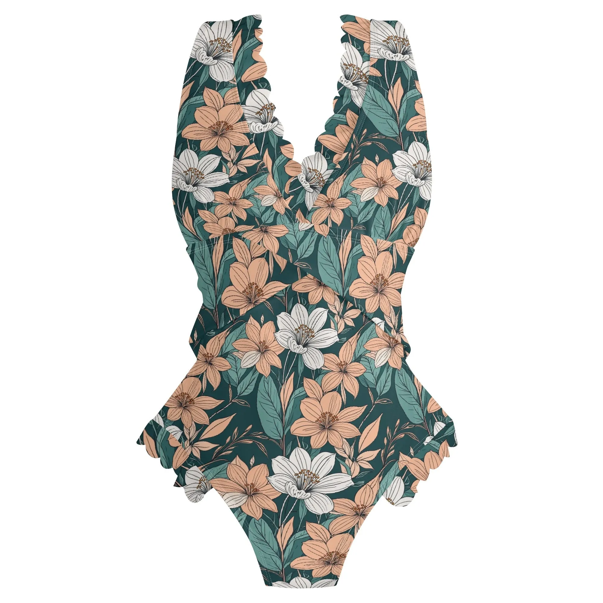 Womens pastel Floral Ruffle Edge Cross-Front One Piece Swimsuit Bathing Suit