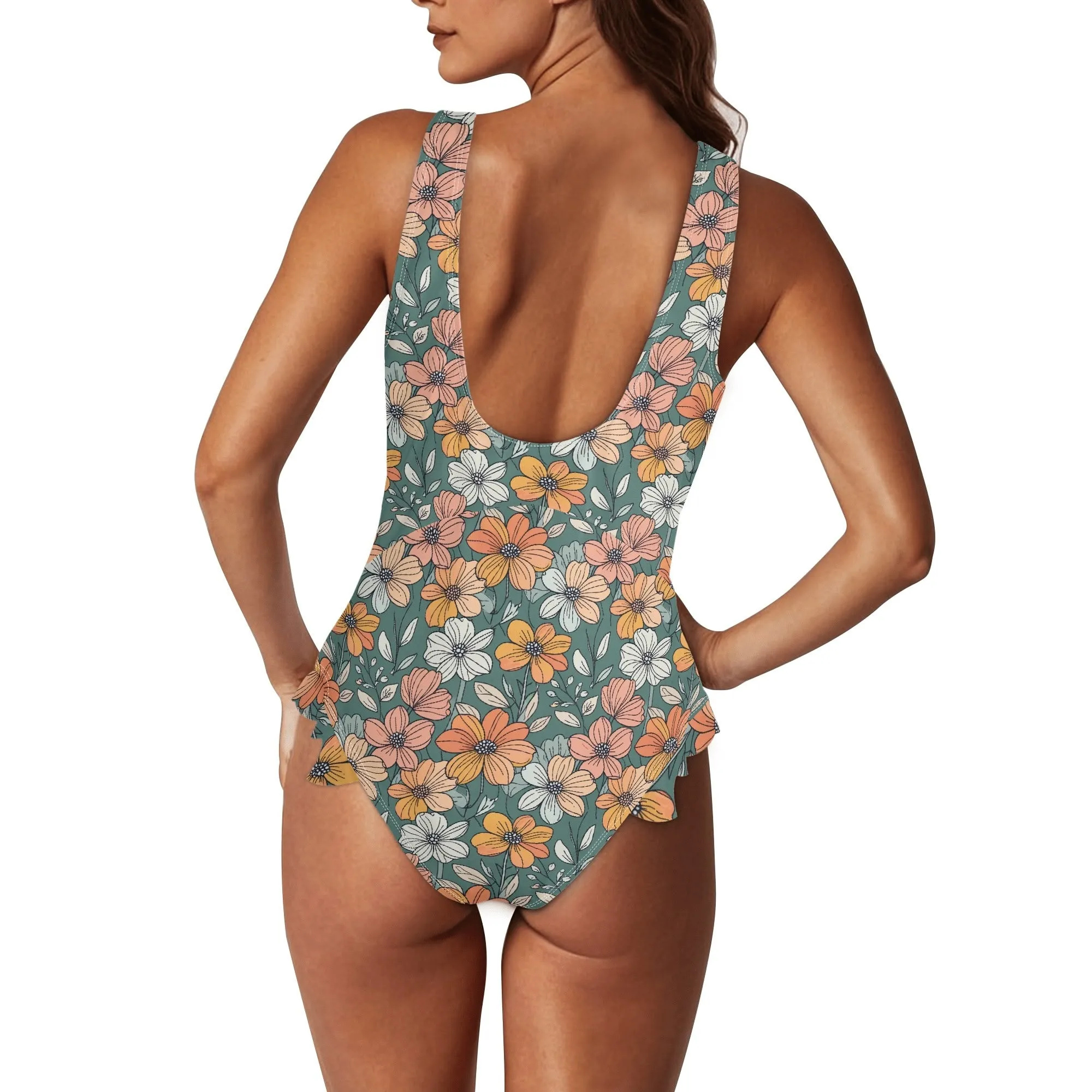 Womens Pastel Flowers Ruffle Edge Cross-Front One Piece Swimsuit Bathing Suit