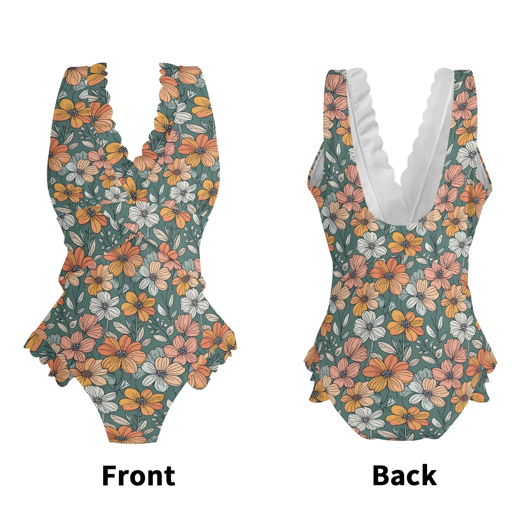 Womens Pastel Flowers Ruffle Edge Cross-Front One Piece Swimsuit Bathing Suit