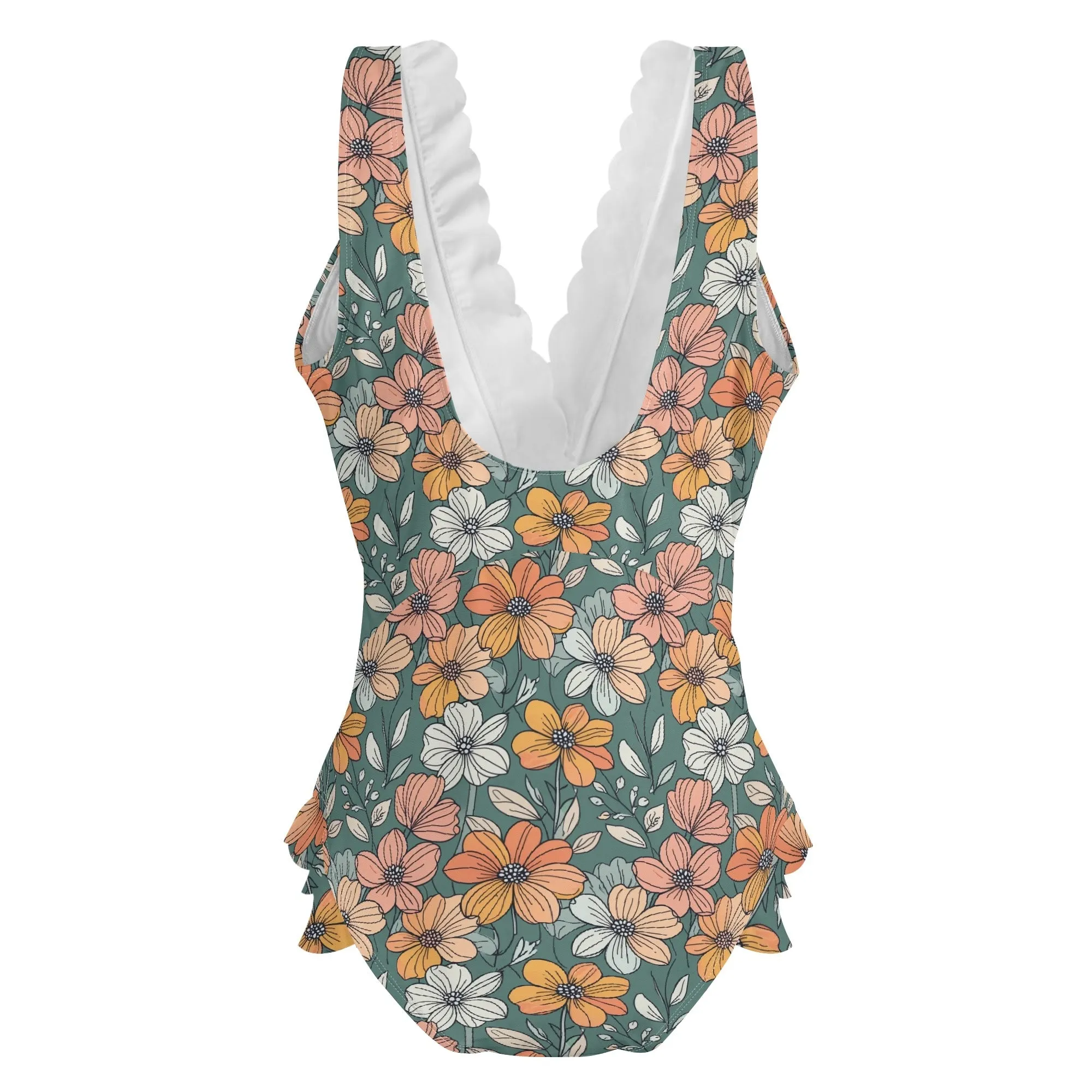 Womens Pastel Flowers Ruffle Edge Cross-Front One Piece Swimsuit Bathing Suit