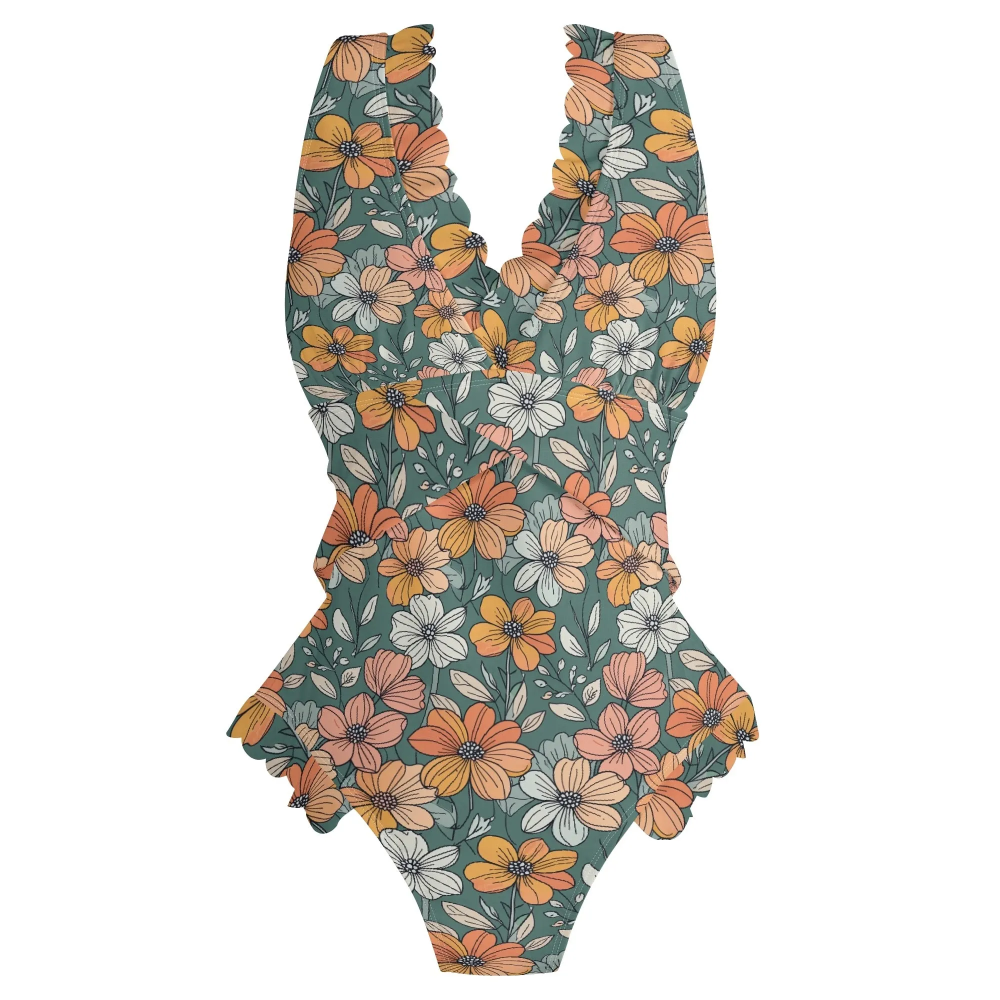 Womens Pastel Flowers Ruffle Edge Cross-Front One Piece Swimsuit Bathing Suit